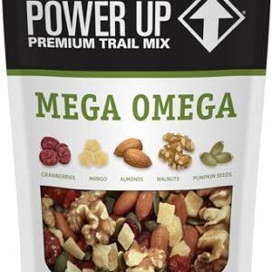 Power Up Trail Mix. Mega Omega Trail Mix. Non-GMO. Vegan. Gluten Free. No Artificial Ingredients. Gourmet Nut. 14 oz Bag. Green